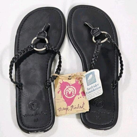 Ocean Minded Flip Flop Thong Sandal Slides Braided Leather Women’s Sz 10 Black - Picture 1 of 10